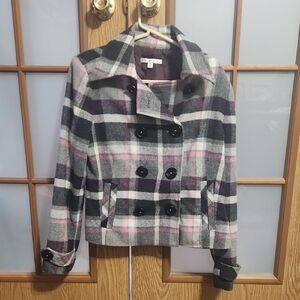 CAbi Double Breasted Wool Blend Pink, Purple, Grey, Plaid Peacoat Jacket Size 8